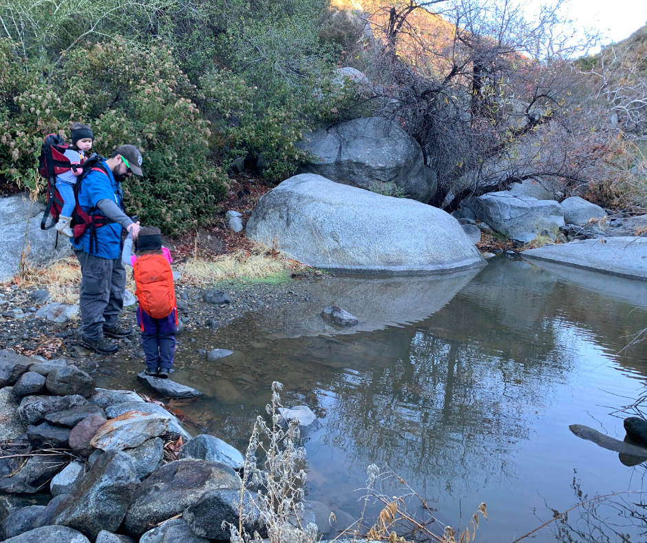 Dad helping little daughter cross rocks across water, toddler daughter on his back in carrier.