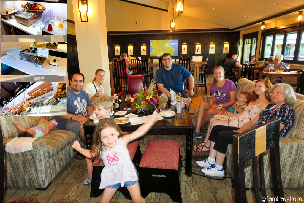 Family enjoying meal on couches around a table in the concierge lounge. Smaller overlay images show close up of food and drink displays.