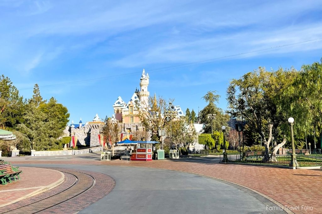 Castle view from front of line at Rope Drop in Disneyland. No people in photo.