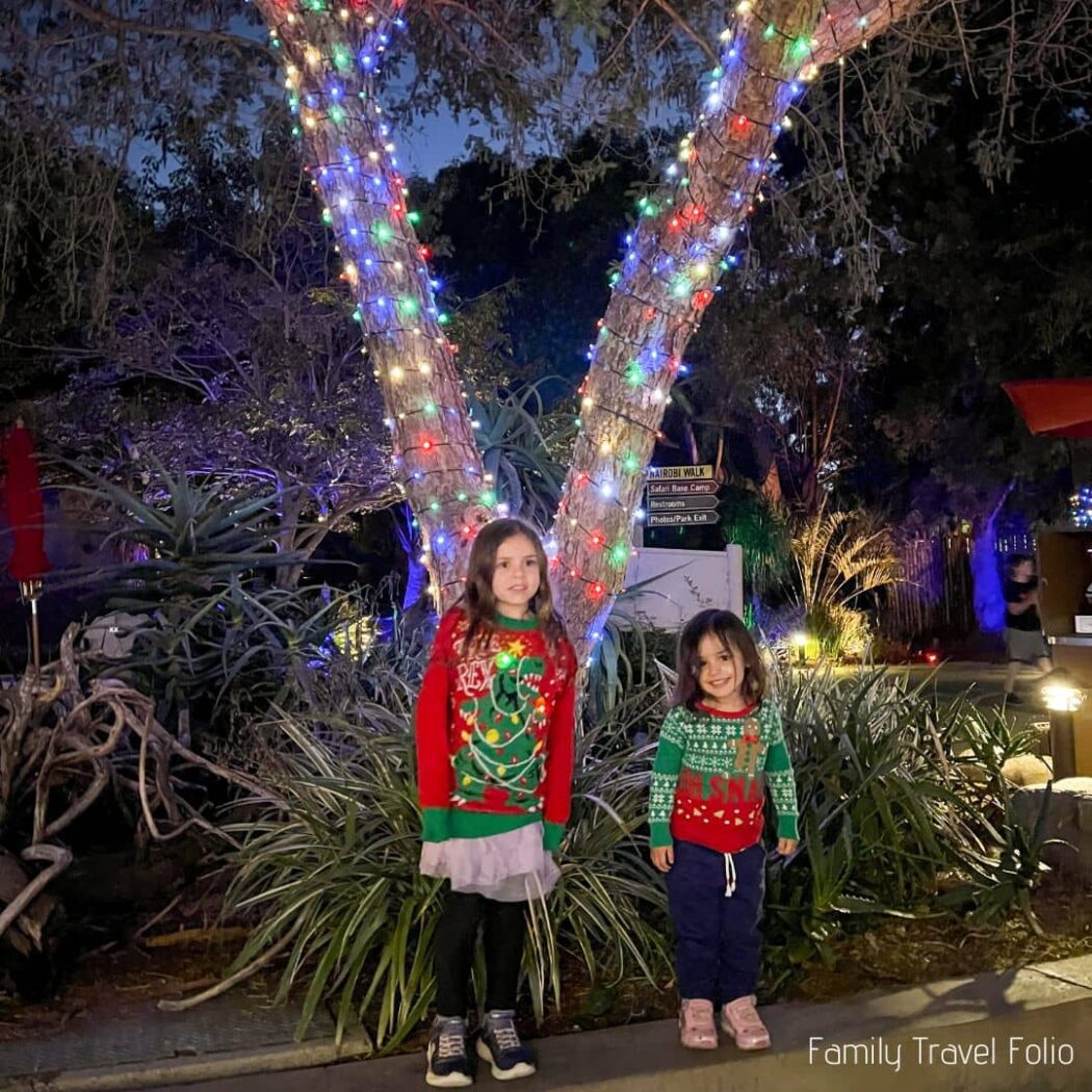 2 little girls in front of trees decorated with Christmas lights.