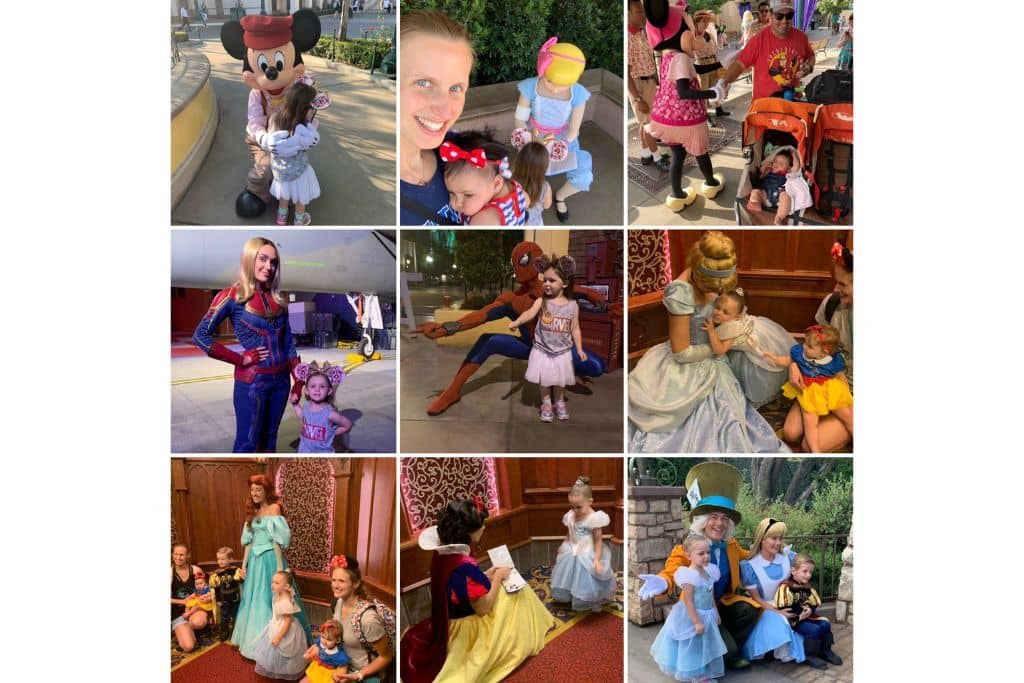 Dineyland Characters Photo Collage: Mickey, Bo Peep, Minnie, Captain Marvel, Spider Man, Cinderella, Ariel, Snow White, Alice and Mad Hatter