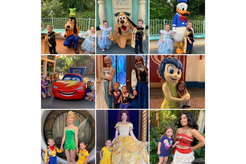 Dineyland Characters Photo Collage: Goofy, Pluto, Donald, Lightning McQueen, Anna & Elsa, Joy, Tinker Bell, Belle, Moana