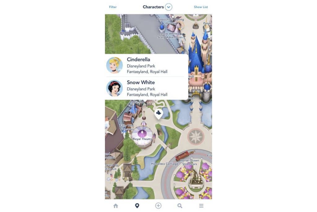 Royal Hall location on Disneyland App, to the left of the castle from Main Street