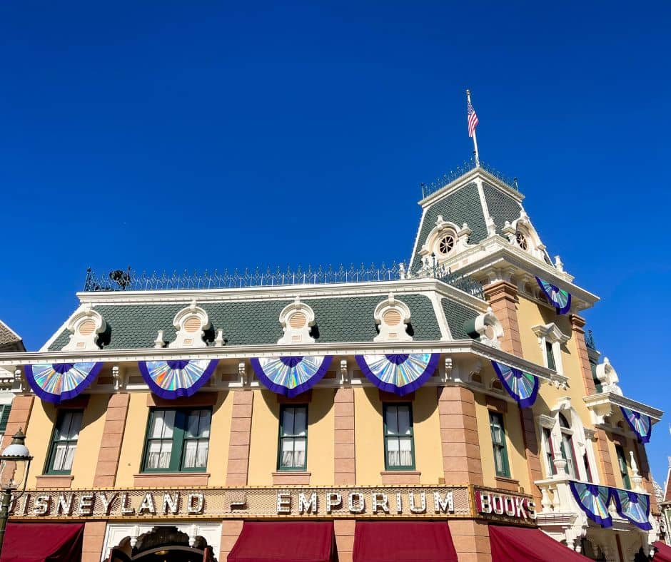platinum banners along building on Main Street in Disneyland