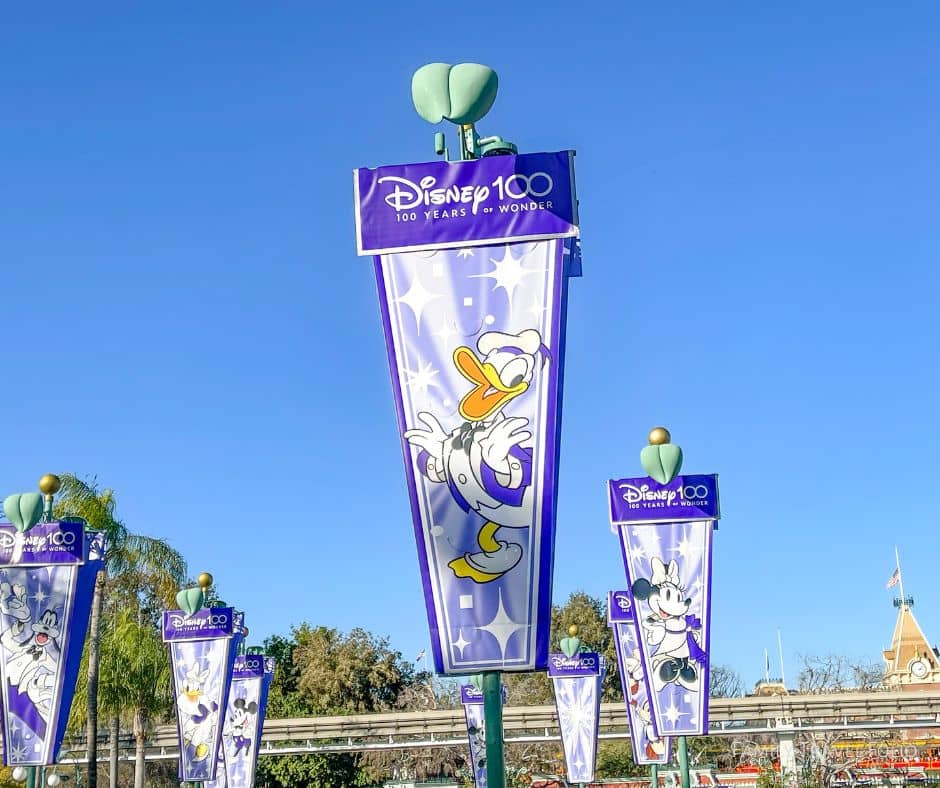 Donald Duck in platinum outfit on purple Disney 100 banner in Disneyland Resort esplanade.