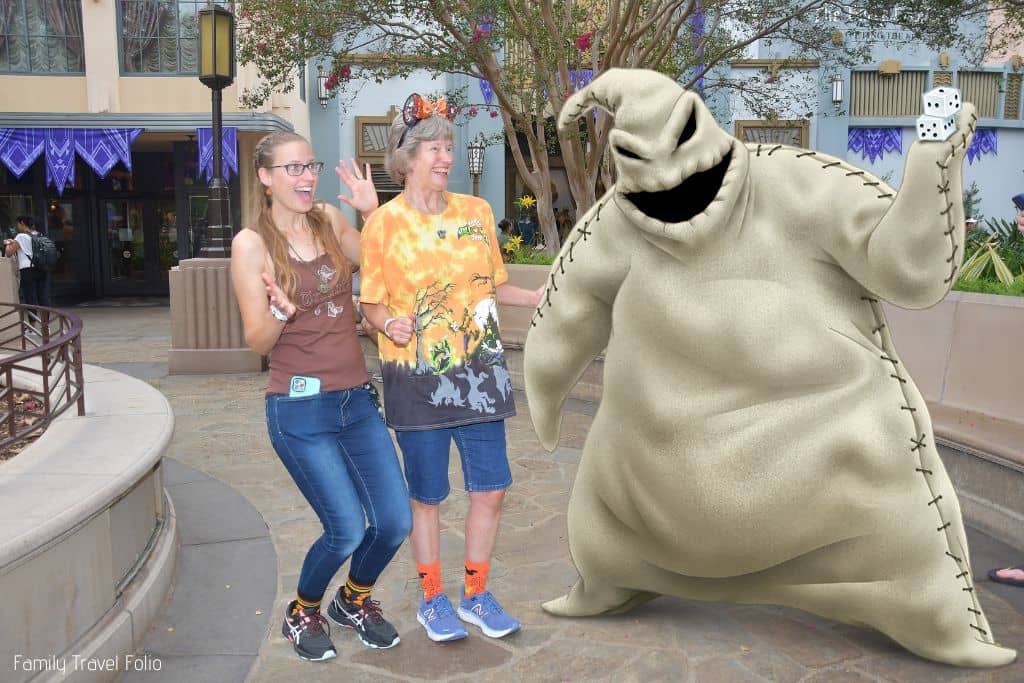 woman and her mother with surprised looks and Oogie Boogie edited in to be standing by them