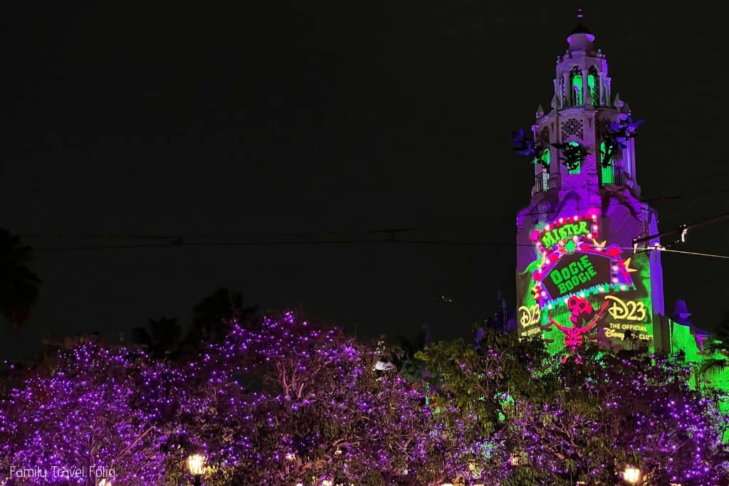 D23 halloween image projections on Carthay Cirlce bell tower