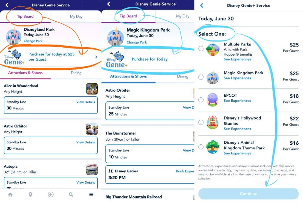 Screenshot showing the difference between Disneyland one Genie Plus option and Magic Kingdom multiple park or single park Genie Plus options.