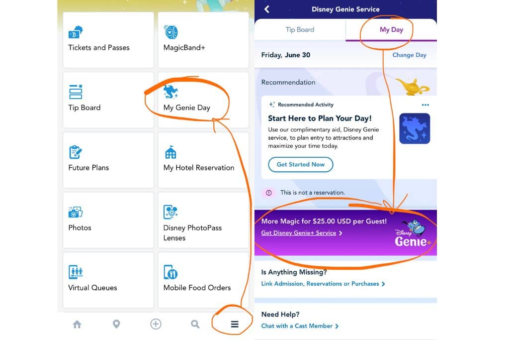 Screen shot of Disneyland app showing location of My Genie Day then circling the button to purchase Genie Plus.