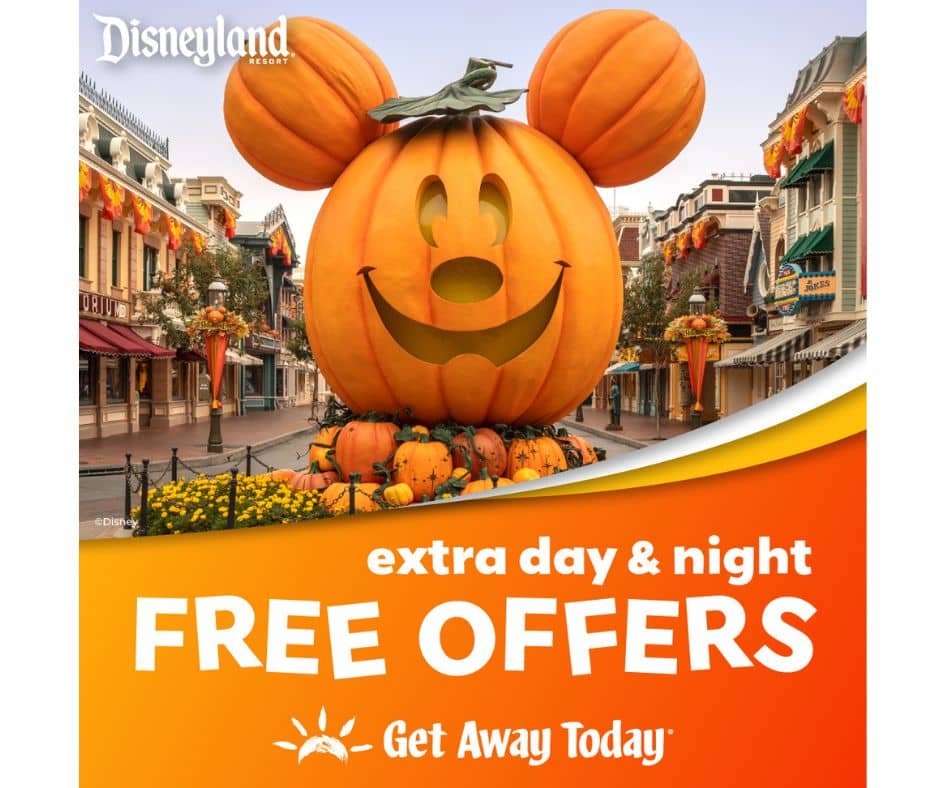 Get Away Today promotional image featuring the iconic Mickey Mouse pumpkin on Main Street, USA at Disneyland, offering free extra day and night deals for Halloween 2024.