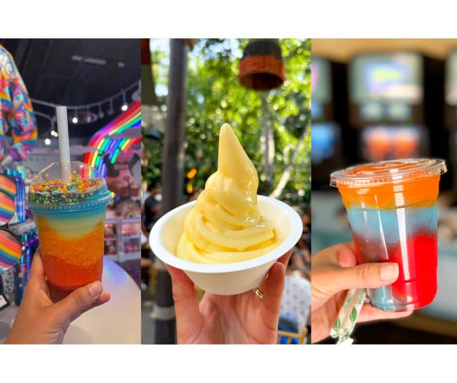 A close-up of colorful frozen drinks and a refreshing Dole Whip at Disneyland, popular treats for cooling down in the summer heat.