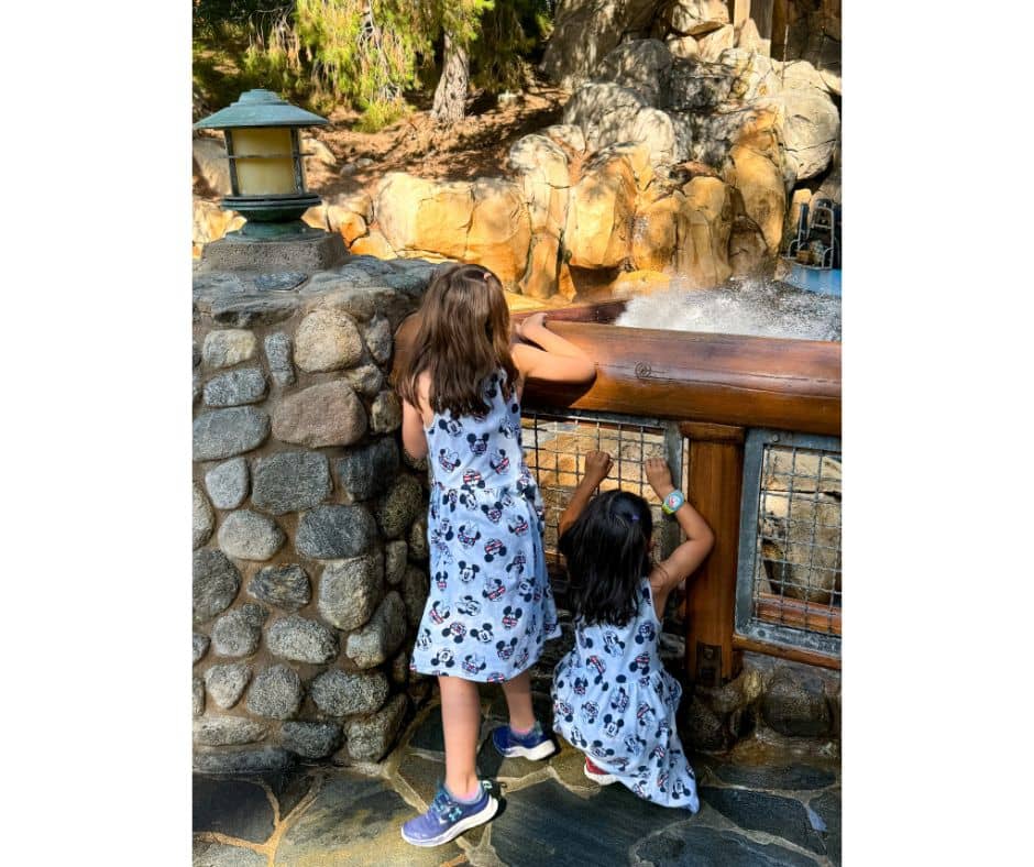 Two young girls watching the water feature in California Adventure, enjoying the cooling mist and shade on a sunny day.