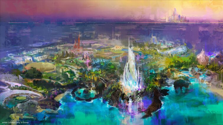 Colorful concept art showing an aerial view of Disneyland Abu Dhabi with futuristic lands and attractions.