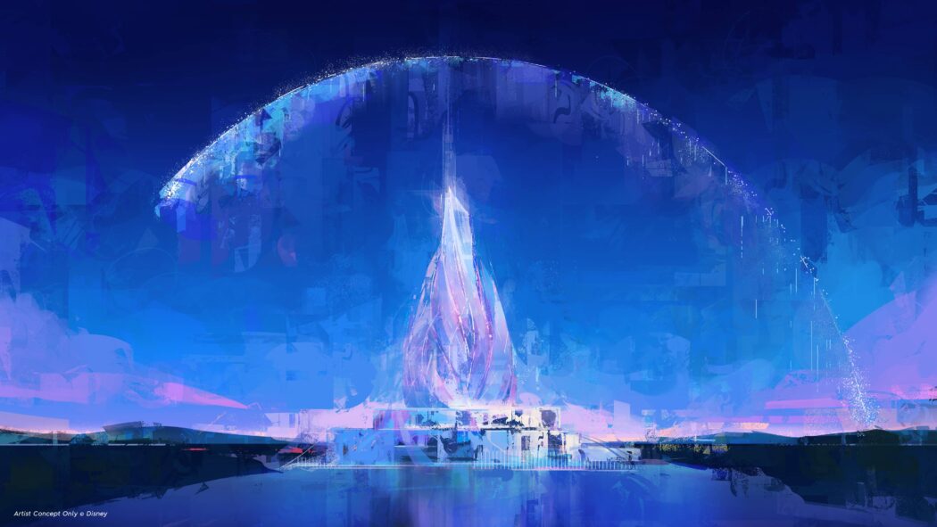 Concept rendering of the central icon for Disneyland Abu Dhabi with a glowing architectural structure.